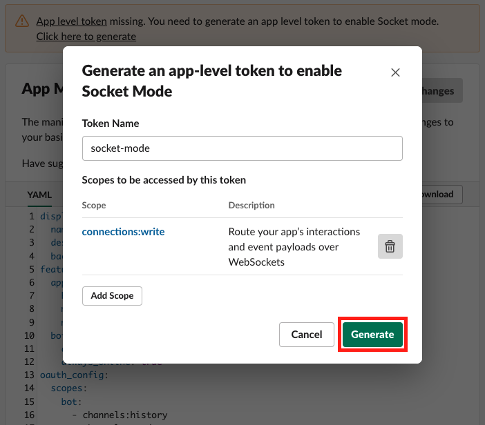 Generate an app-level token to enable Socket Mode